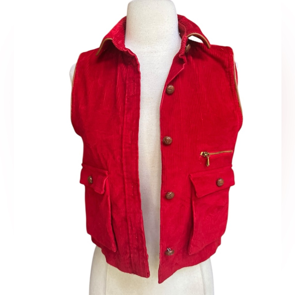1970s Villager Red Corduroy w/Brown Trim Button Down Vest